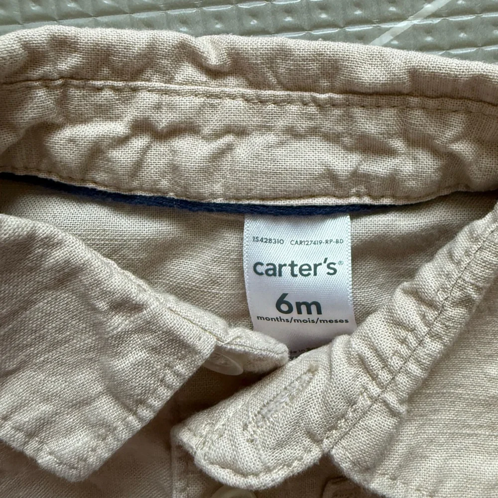 Carters|Baby boy or gender Neutral tan Short-Sleeve Button Romper with collar•6M
